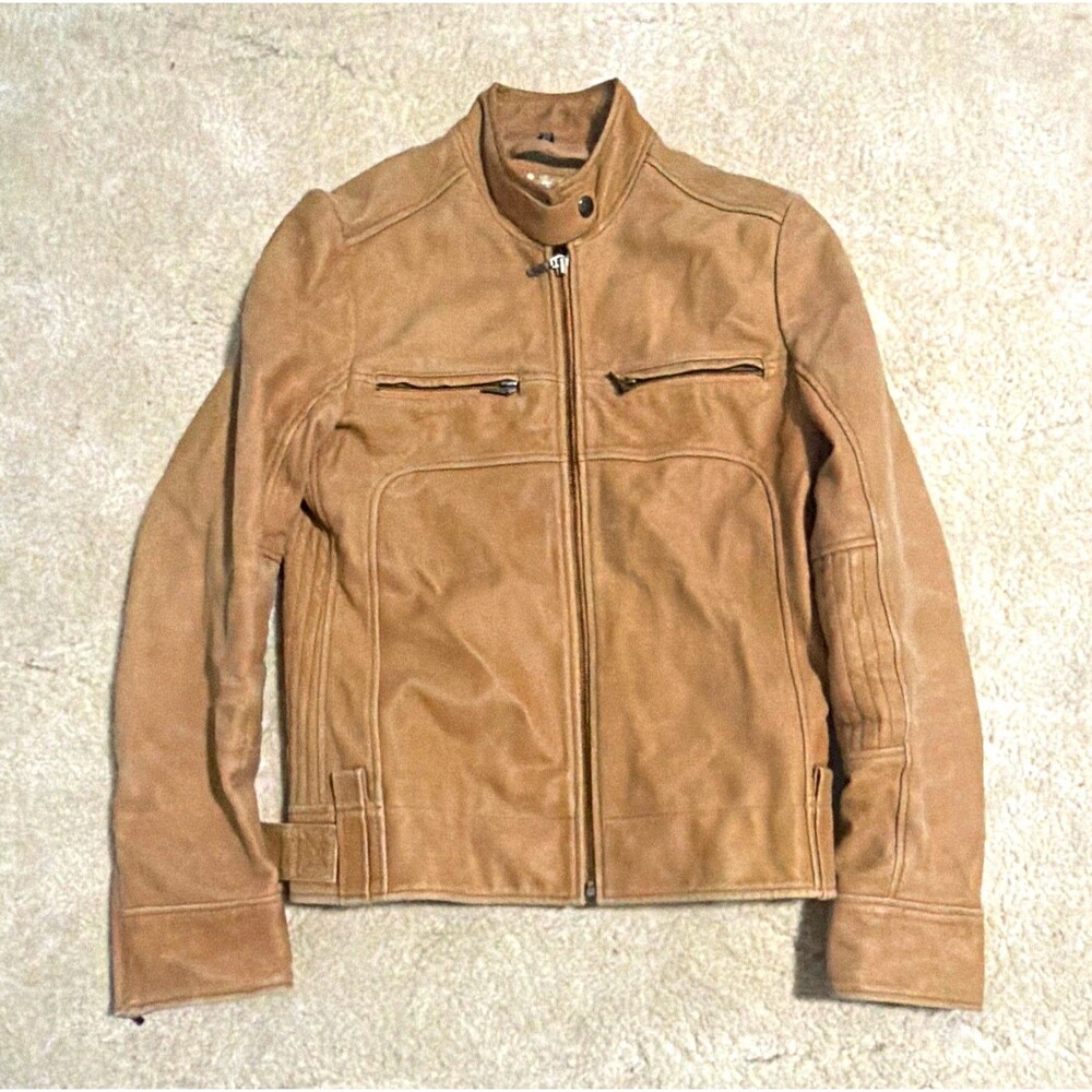 Bocla womens Brown Biker Jacket Size 38 Full Zip Band Collar Lambs Skin Leather
